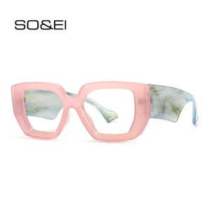 SO&EI Fashion Colorful Square Women Glasses Frame Clear Anti-Blu-Ray Spring Hinge Wide Legs Eyewear 