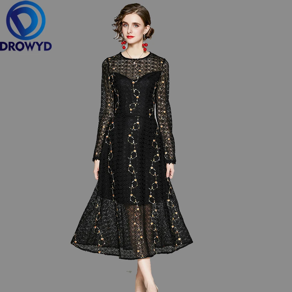 

Women Summer Maxi Dress 2021 Designer Elegant Embroidered Floral Black Sexy Slim Party Robe Ladies Vintage Lace Dresses Vestidos