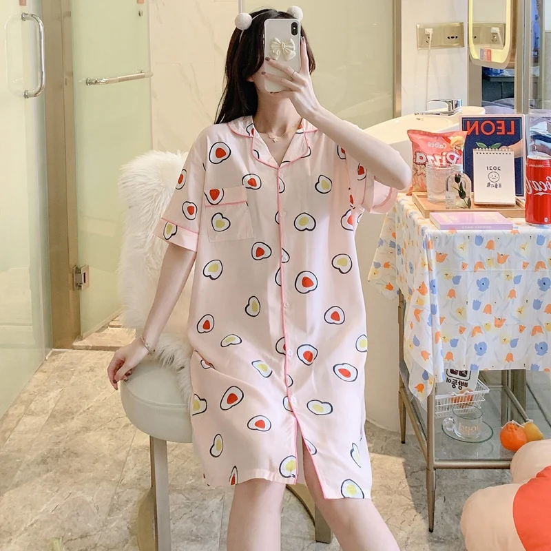 

2021 Summer Plus Size Short Sleeve Cotton Nightgowns for Women Korean Print Sleepwear Nightdress Night Dress Nighty Home Clothes