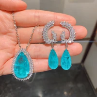 eyika luxury blue paraiba tourmaline angel wing drop earrings teardrop shape zircon women pendant necklace wedding jewelry set