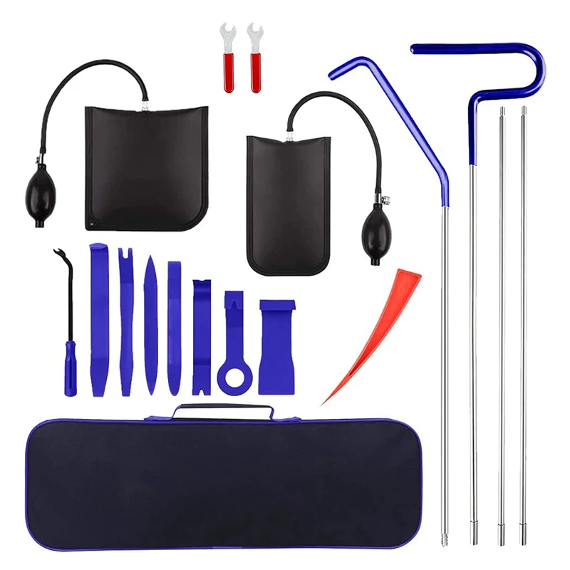 

18Pcs Car Tool Kit Long Grabber Air Wedge Pump Non-Marring Wedges Pry Tool Carrying Bag Essential Emergency Lockout Set