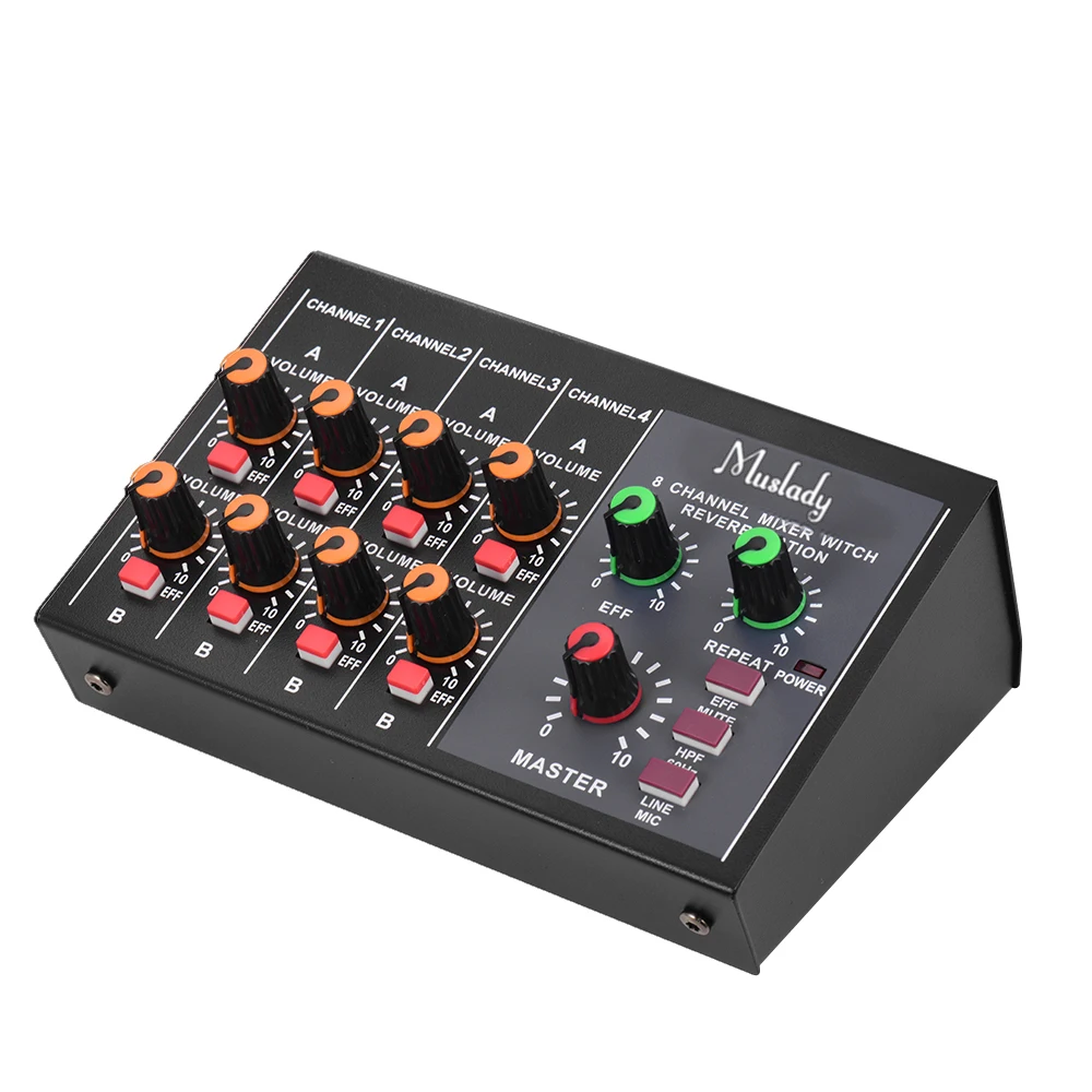 Muslady M-228A компактный Размеры 8-канальный подойдет как для повседневной носки, так/стерео аудио DJ микшер с реверберация(Функция 60Гц Частотный резки