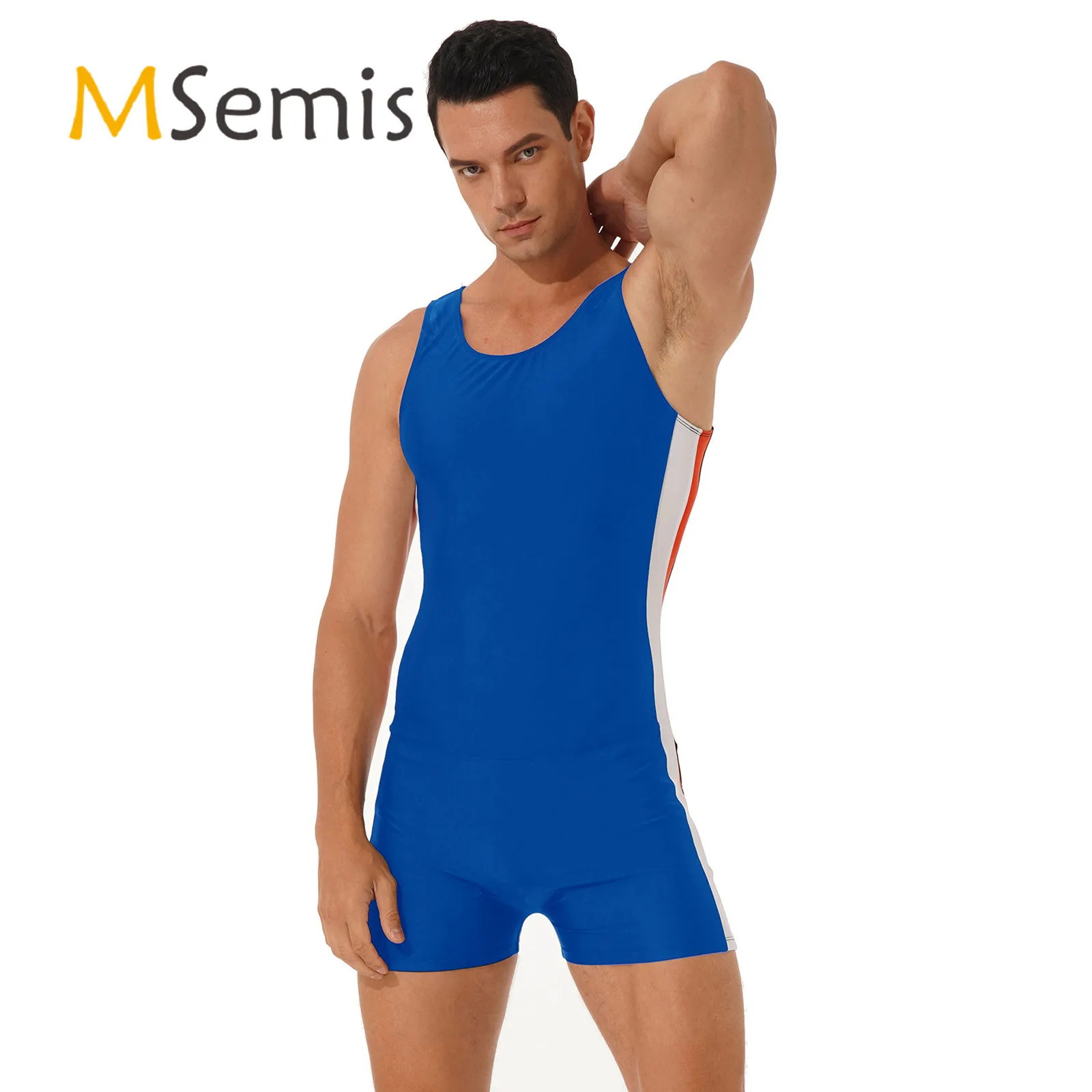 

Swimwear Mens Summer Breathable Stretchy U Neck Sleeveless High Waist Shorts Sport Gym Jumpsuit Bodysuit for Cycling Hiking