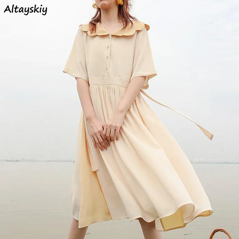 

Short Sleeve Dresses Women Peter Pan Collar Tender Student High Waist Korean Style Leisure Loose Summer All-match Girls Vestidos