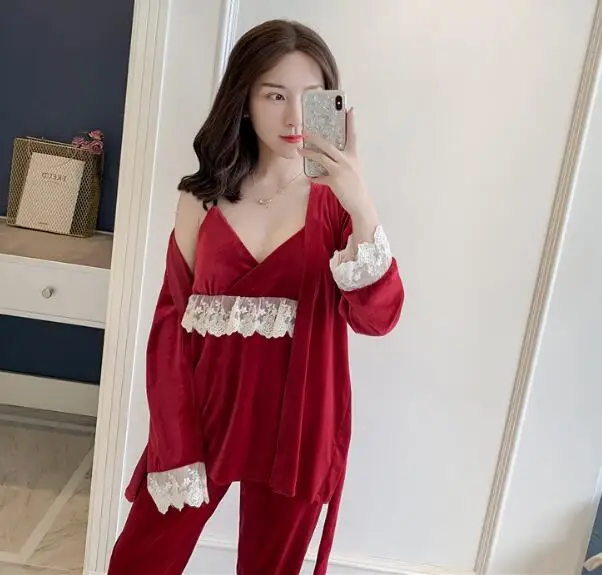 

Fdfklak Autumn winter women pajamas set gold velvet lace sleepwear women's pijamas home wear clothes 3 pieces pyjamas suit