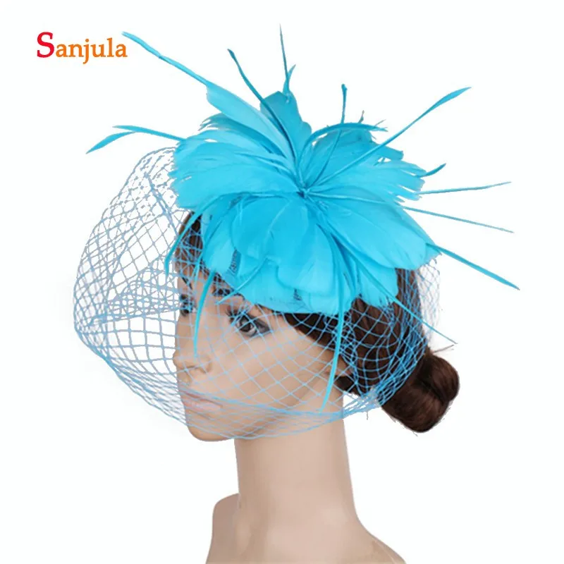 Голубое озеро перья Свадебные шляпы цвета слоновой кости льняные fanscinaters