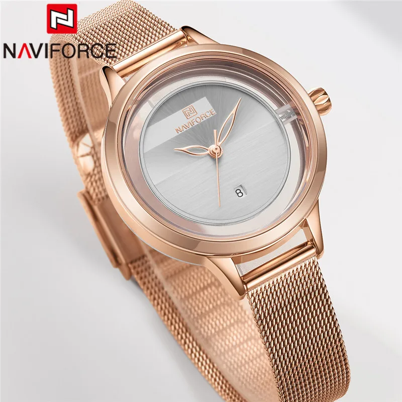NAVIFORCE женские часы Топ бренд роскошные розовое золото белые наручные сетка
