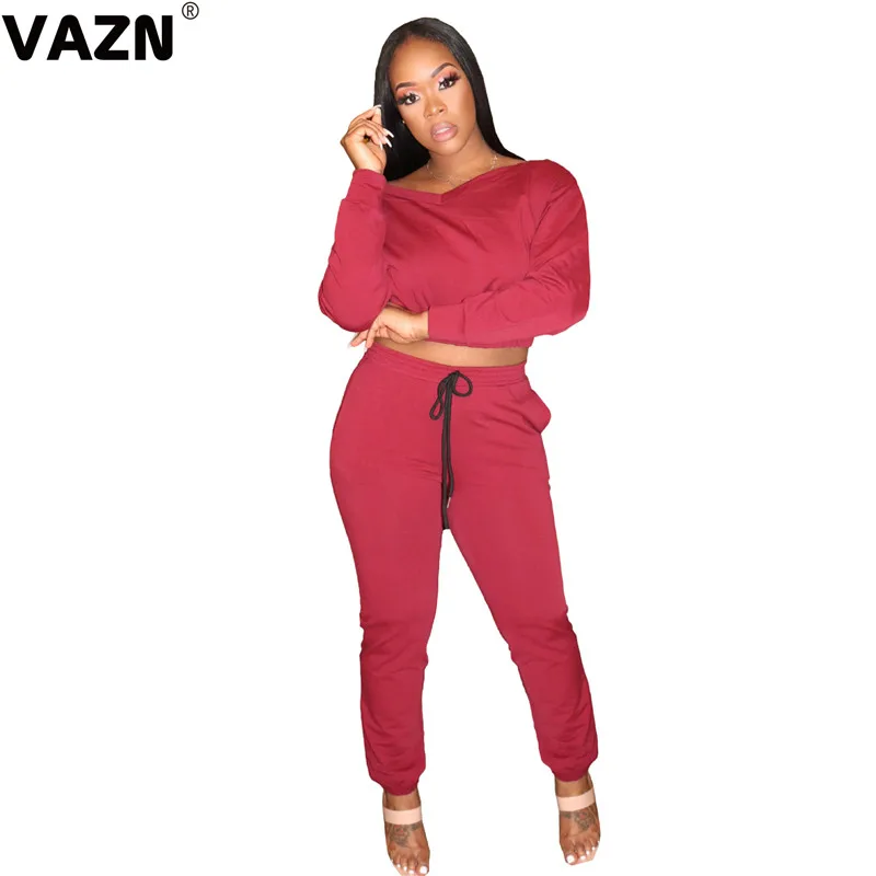 VAZN Solid popular 2020 early autumn sexy lady 3 colors 2-piec elong set full sleeve V-neck tees long pants young casual |