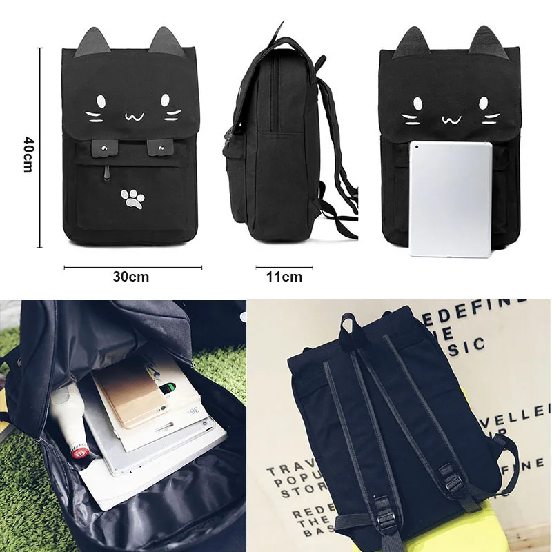 

fashion Cute Cat Embroidery Canvas Student bag Cartoons Women Backpack Leisure School bag black&pink