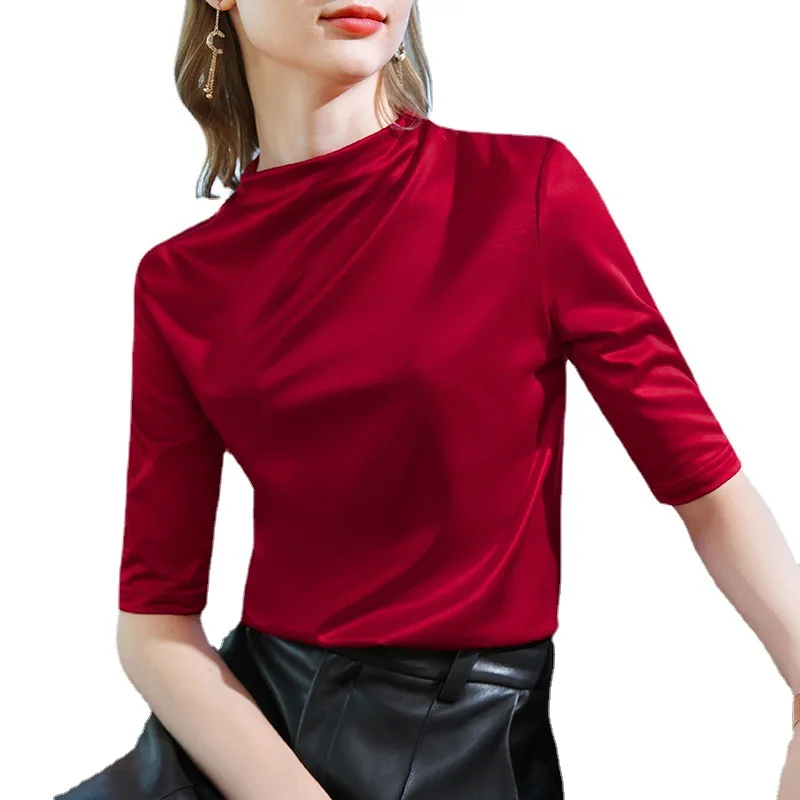 

Women's T-shirt Bottoming Shirt Women's 2021spring and Summer New Women's Inner Top French Pure Color Ice Silk T-shirt