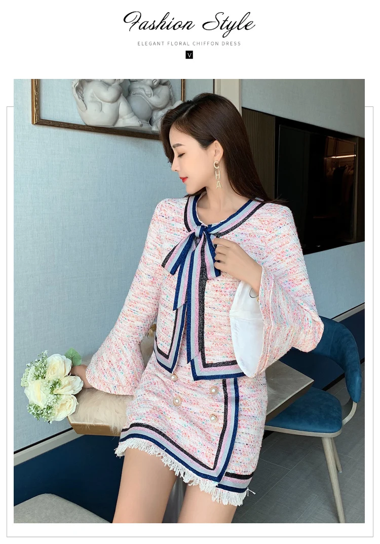 Женский розовый твидовый костюм с юбкой кардиган бантом расклешенная короткая