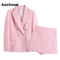 aachoae chic women pink tweed suit blazer sets 2021 double breasted blazer with high waist shorts office ladies outfits set