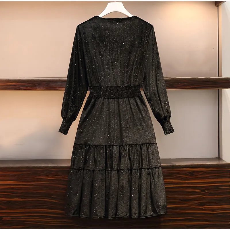 Сексуальное бархатное платье с блестками размера плюс v-образным вырезом длинным