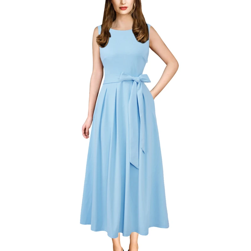 Light Blue Женский vfemage Элегантный Винтаж печати Карманы поясом офис бизнес повседневное вечерние партии Fit and Flare чай трапециевидной формы миди платье 1752 - Цвет: Light Blue