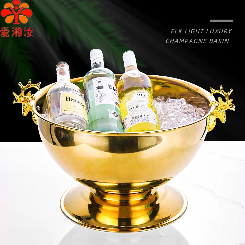 

Elk Head Handle Champagne Basin 13.5L Ice Bucket Beer Wine Cooler Stainless Steel Whisky Party Bar Accessories Silver/Gold