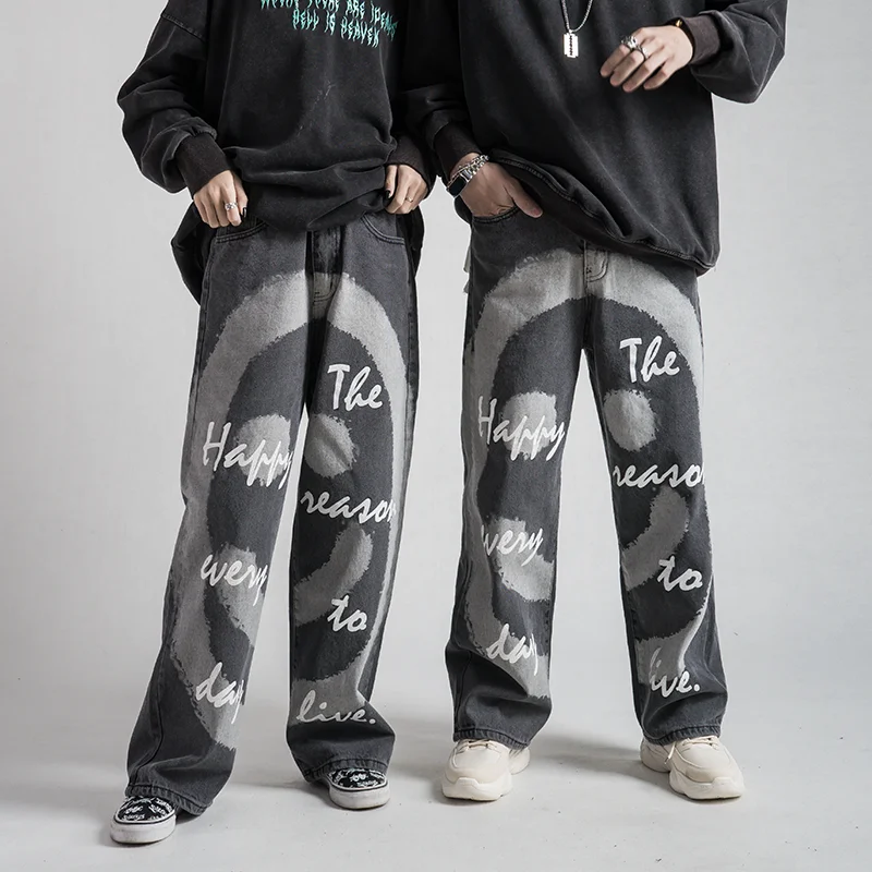 Высокая Улица граффити печатных джинсовые брюки мужские прямые молнии хип хоп