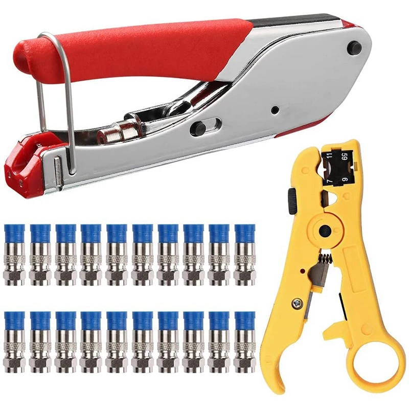 

Coax Cable Crimper Kit Coaxial Cable Rg6 Tool Kit with 20PCS F RG6 RG59 Connectors, Wire Coax Cable Stripper Tool