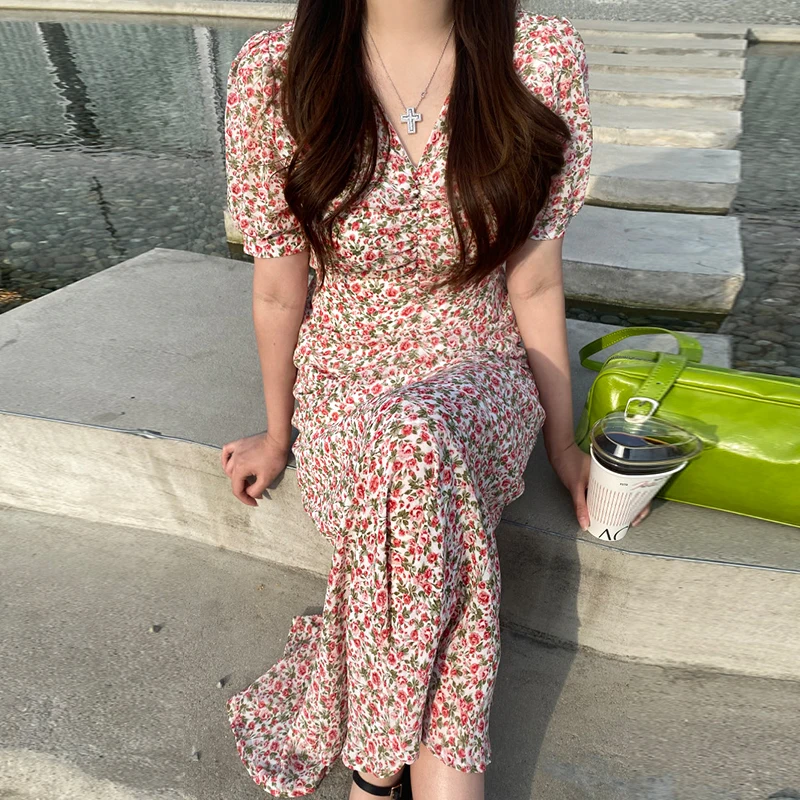 

Korean Fashion Elegant V-Neck Floral Print Long Dress Women Puff Sleeve Party Beach Holiday Fishtail Vestidos
