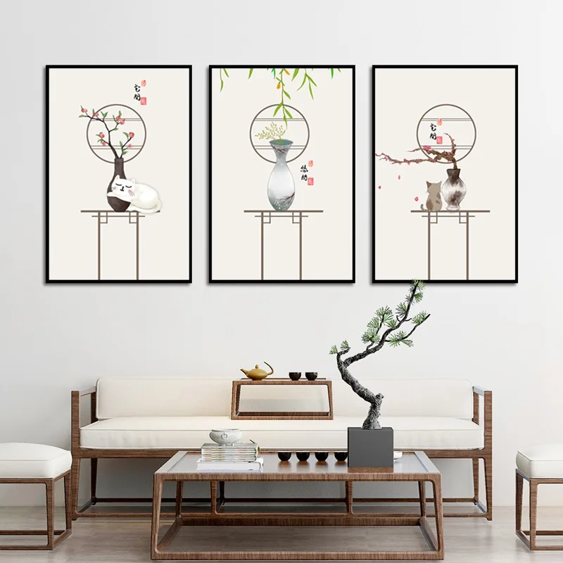 Китайский Стиль организовать цветы в вазе плакат Милая картинка с кошкой Картина