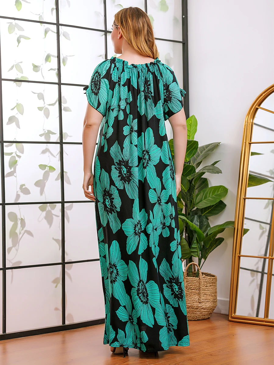 

Summer Dress 2021 Plus Size Vintage Floral Print Long Maxi Dress Women Short Sleeve Casual Loose Female Turkey Arabic Robe