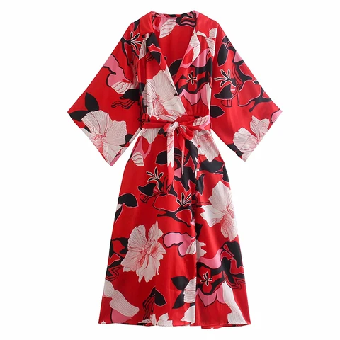 Элегантное платье-миди с цветочным принтом и поясом, шикарные платья а-силуэта с V-образным вырезом и рукавом три четверти, женское шикарное праздничное платье