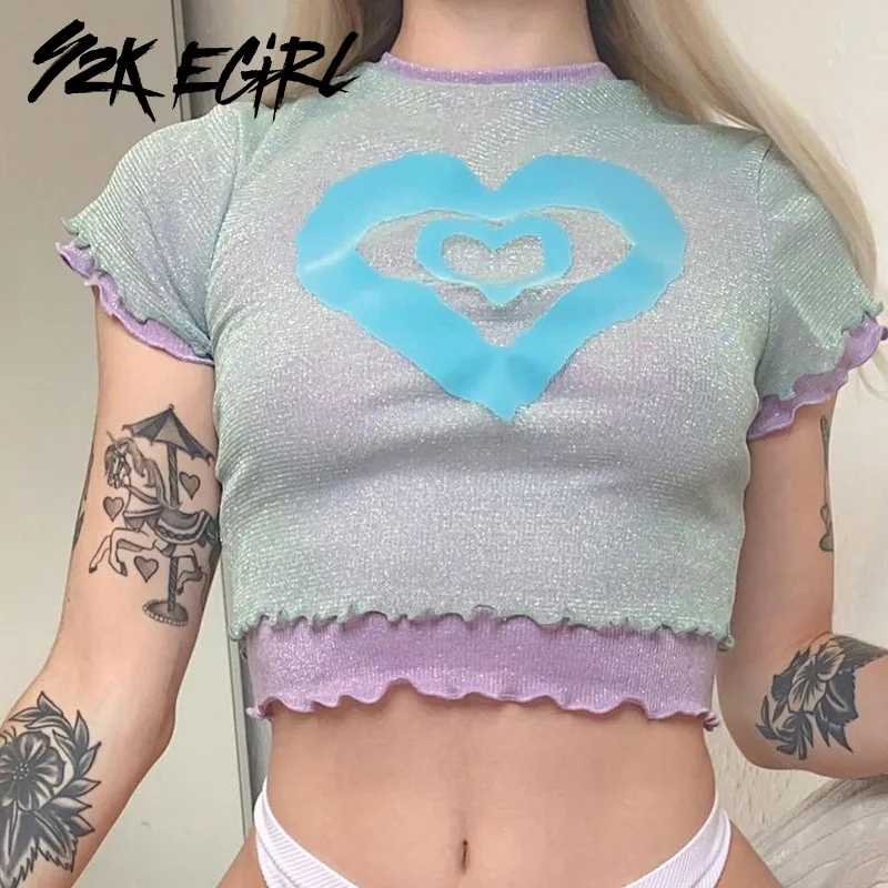 

Y2K EGIRL Kawaii Fashion Y2K Heart Print Lettuce Trim Crop Tops 2000s Streetwear Cute Glitter Patchwork Short Sleeve T-shirts