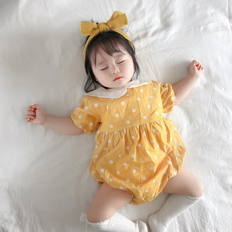 

2020 Princess Infant Baby Girls Dot Romper / Dress 0-24M Short Sleeve Jumpsuit+ Bow Headband /Dress Infant Girl Clothes