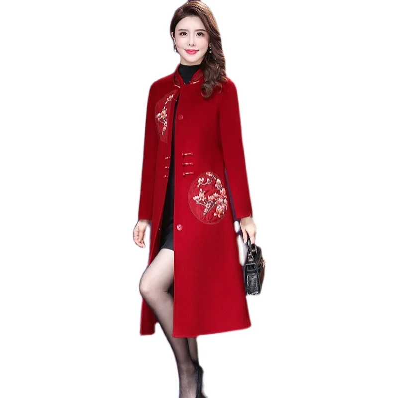 Осень-зима 2021 женское длинное красное шерстяное пальто с вышивкой женская