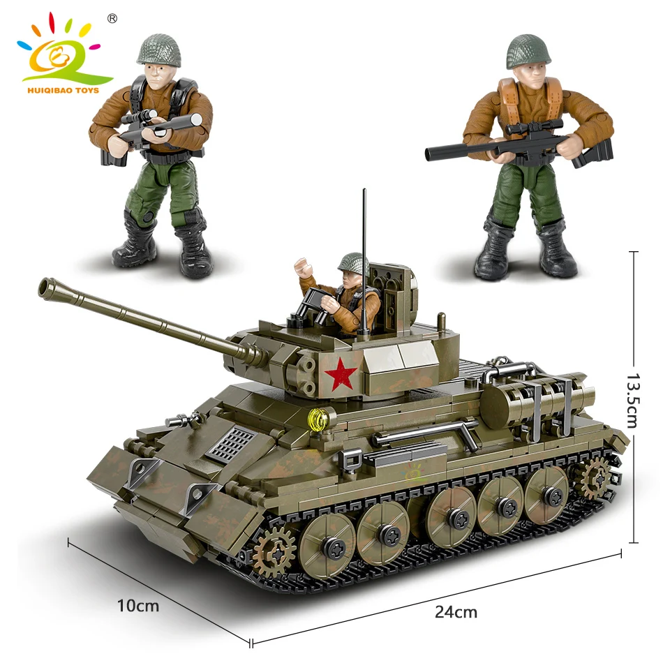 Конструктор HUIQIBAO 854 шт. военная модель WW2 T-34 средний танк с 3 фигурками солдат