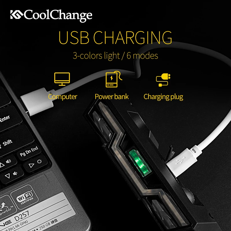 Велосипедный светодиодный фонарь CoolChange с зарядкой от USB водонепроницаемый