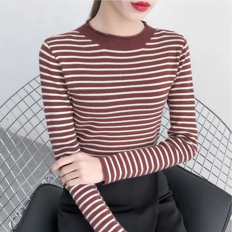 Зимний полосатый вязаный женский свитер с длинным рукавом повседневный пуловер