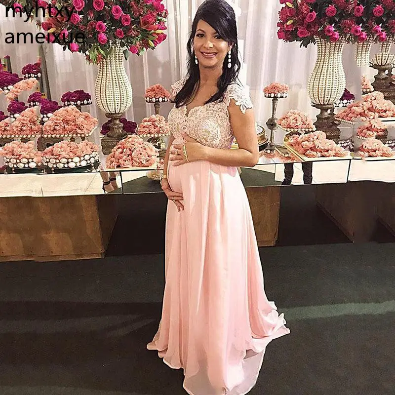 

Cheap Lace Vestido De Festa Appliques Arabic Evening Dresses Cap Sleeves Pink Chiffon Long Prom Dresses Formal Pregnant Gowns
