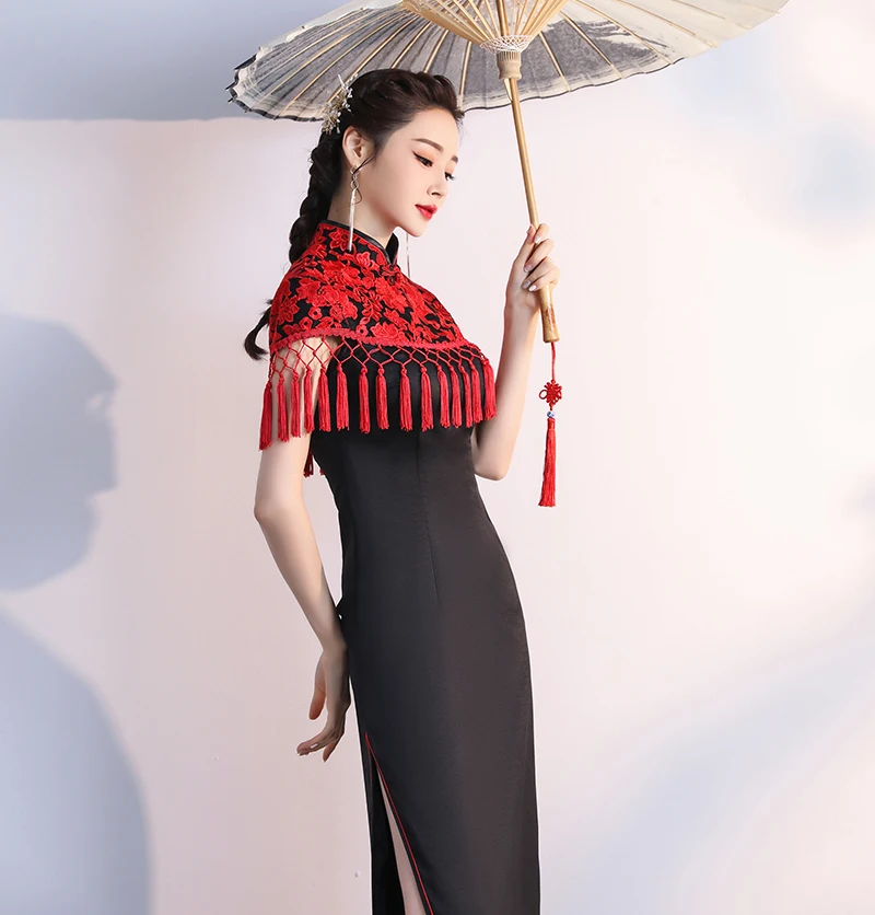 Черные женские вечерние платья в пол вечернее Ципао китайском стиле с кисточками