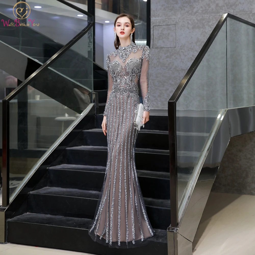 

Evening Dresses Dubai 2020 Long Elegant Beading Crystal Mermaid Full Sleeves Dark Gray Luxury Prom Party Formal Gowns Women