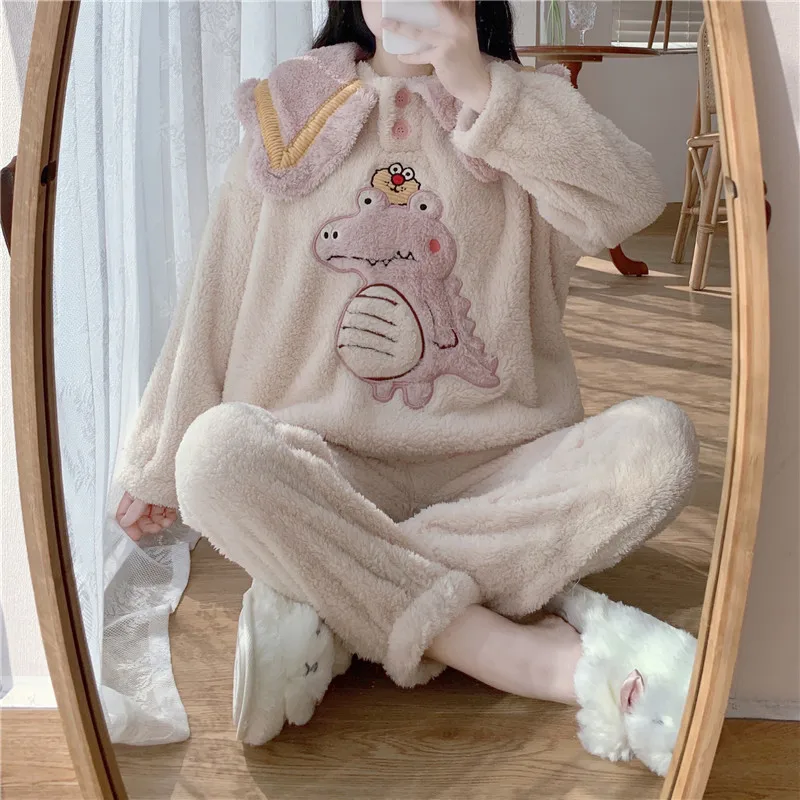 High Waist Trousers Little Dinosaur Col Claudine Top Thickened Fleece Pajamas Suit Can Go out Pajamas Women's Autumn and Winter