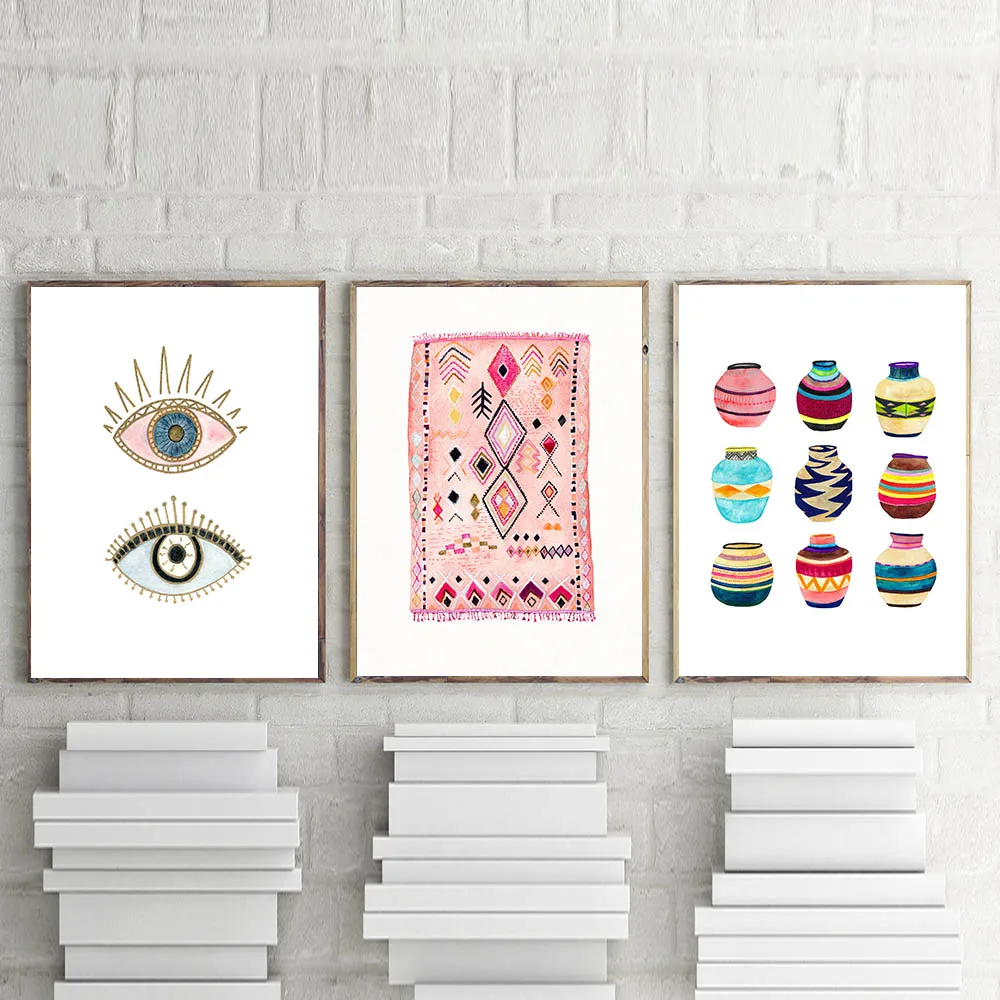 

Moroccan Rug Art Painting Boho Wall Pictures Eye Tribal Woven Basket Watercolor Canvas Art Prints Home Bohemia Poster Wall Decor