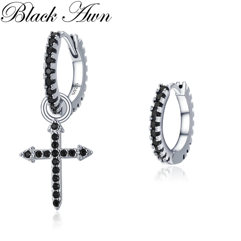 Черные серебряные круглые черные модные серьги-кольца Awn из
