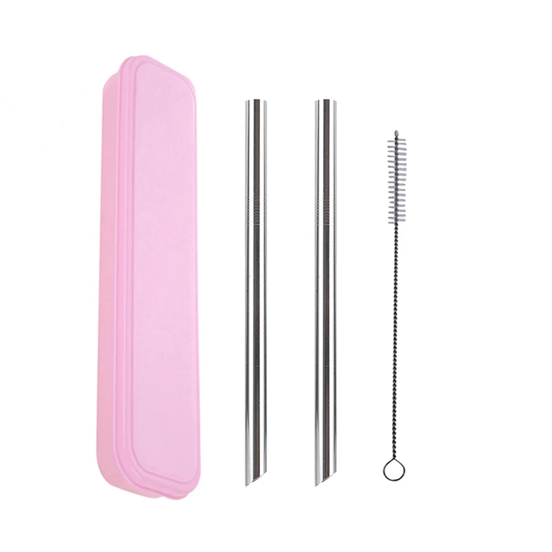 Pink Box Silver 2 шт металлический заостренный кончик соломы+ 1 кисть для ПК радужные соломинки многоразовые трубочки 12 мм* 215 мм с портативной коробкой или сумкой - Цвет: Pink Box Silver