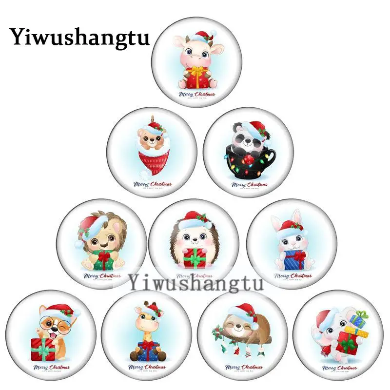 

Merry christmas cartoon animal cow dog rabbit lion 12mm/20mm/25mm/30mm Round photo glass cabochon demo flat back Making findings
