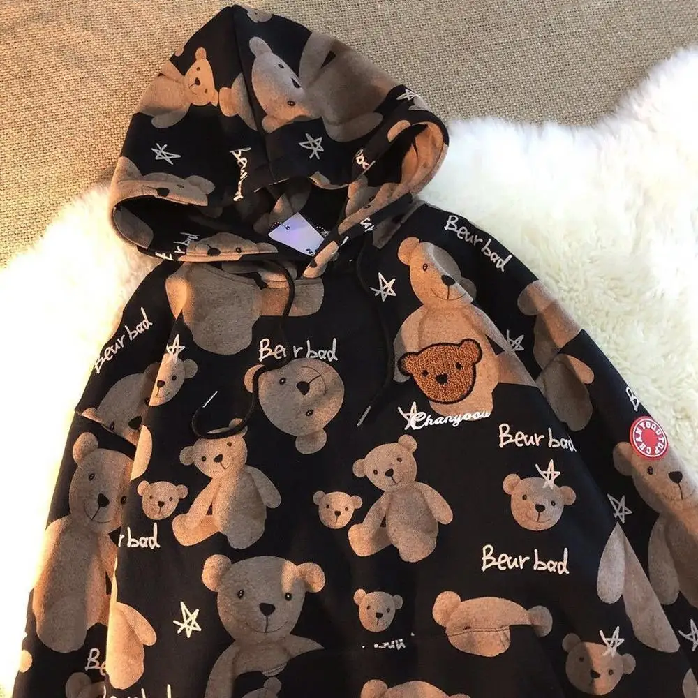

Harajuku Black Bear Hoodie Streetwear Cute Women Amine Sweatshirts Casual Autumn High Street Clothes Funny Loose Tops Male