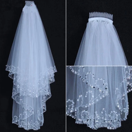 

Inform Newly Design Elbow Length White/Ivory 2T Double Tiered Wedding Bridal Veil with beads