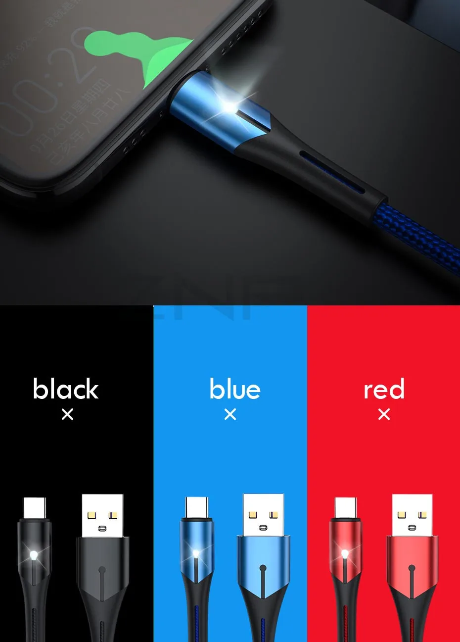 ZNP светодиодный кабель usb type-C для samsung S10 huawei P30, кабель для быстрой зарядки мобильных телефонов для Redmi Note 8 7, кабель для зарядки type-C
