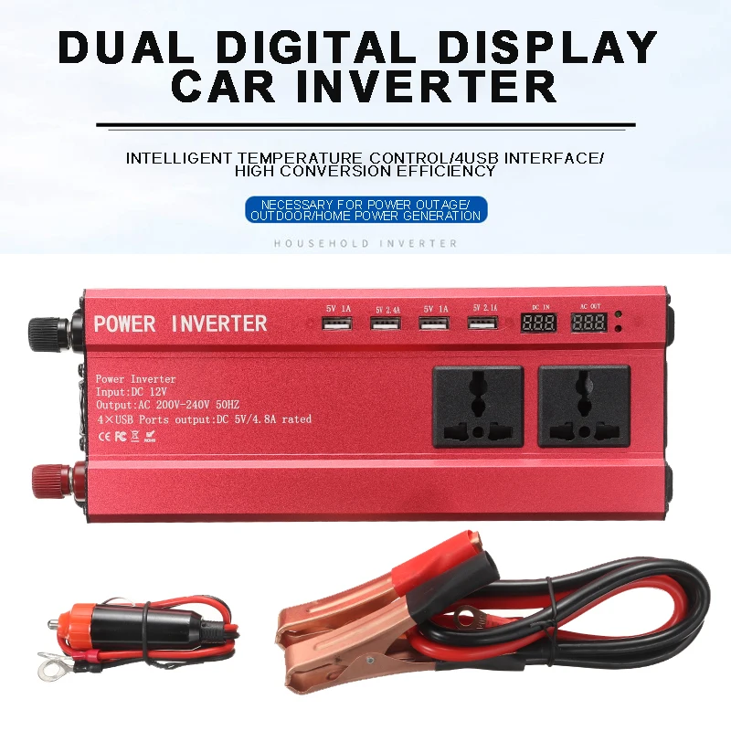 

Mayitr 1 шт. 2000 Вт автомобильный инвертор из алюминиевого сплава 4 USB 3 разъема DC 12V в AC 220V конвертер с кабелем для аккумулятора
