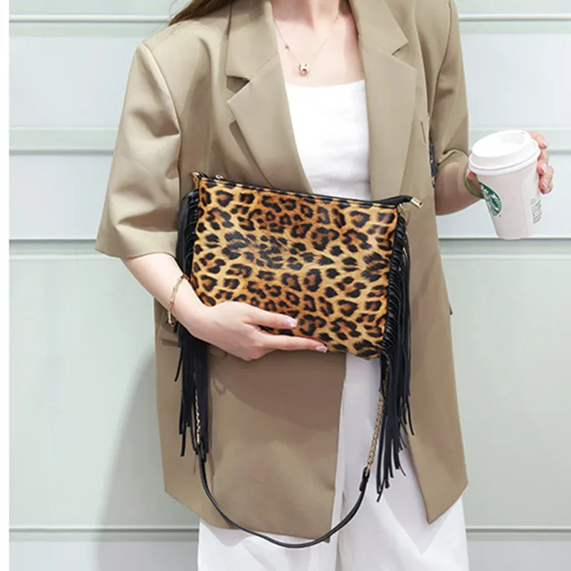 New Vintage Tassel Shoulder Bag leopard pattern hand bag women's clutch shoulder messenger female big | Багаж и сумки