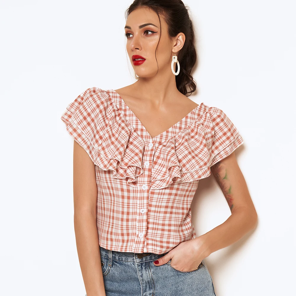 

Женская летняя рубашка в шотландскую клетку, с V-образным вырезом и каскадными оборками