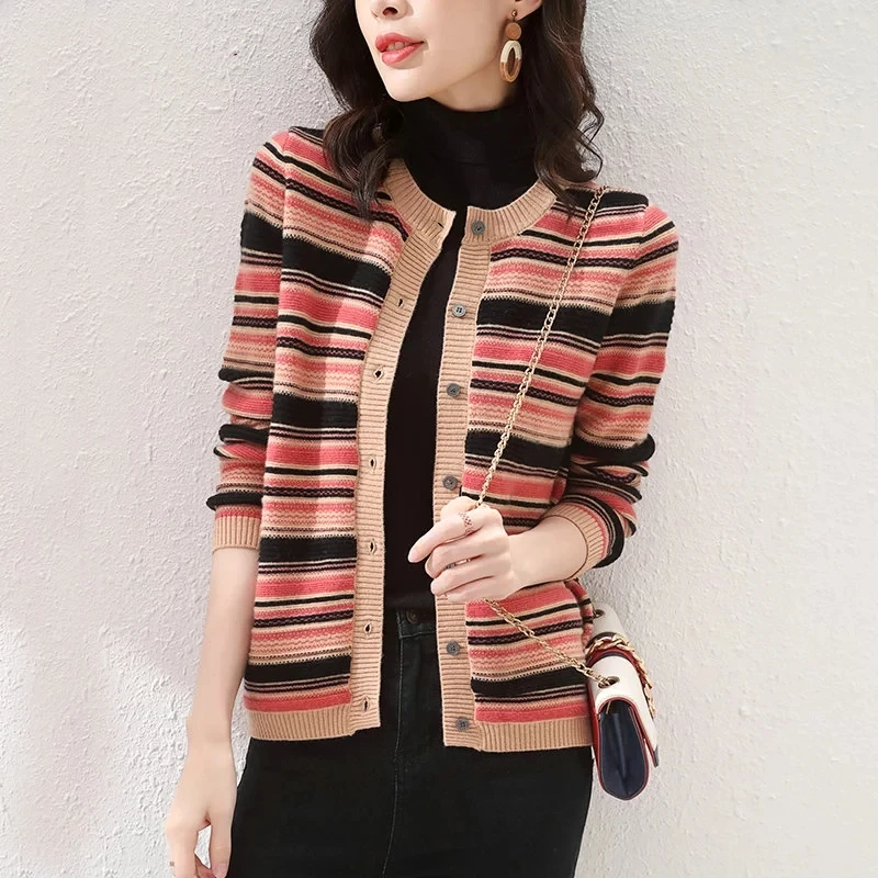 Lucyever Модный Полосатый женский кардиган свитер с круглым вырезом свободного кроя