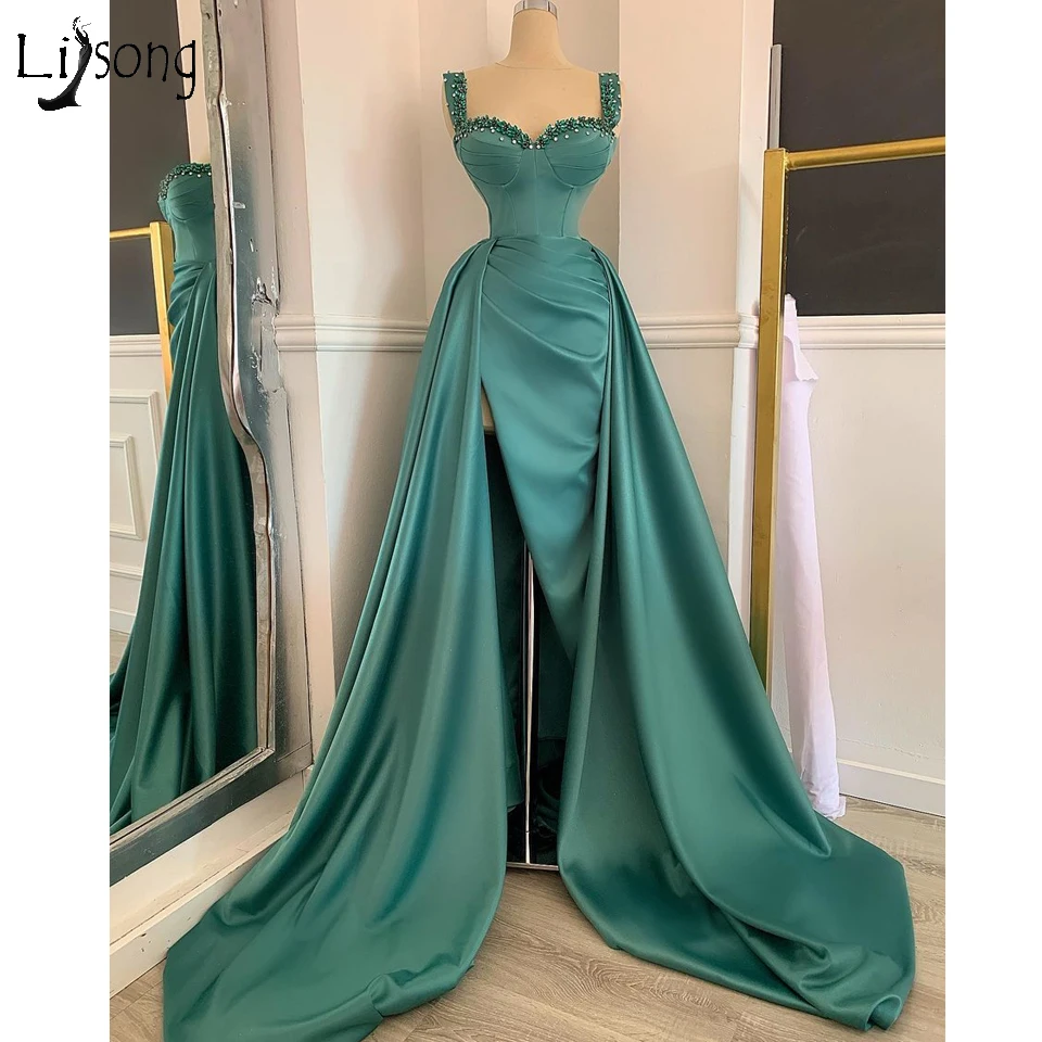 

Elegant Green Mermaid Evening Dresses 2021 With Detachable Train Sexy Split Long Evening Gowns Real Image Vestidos Formales