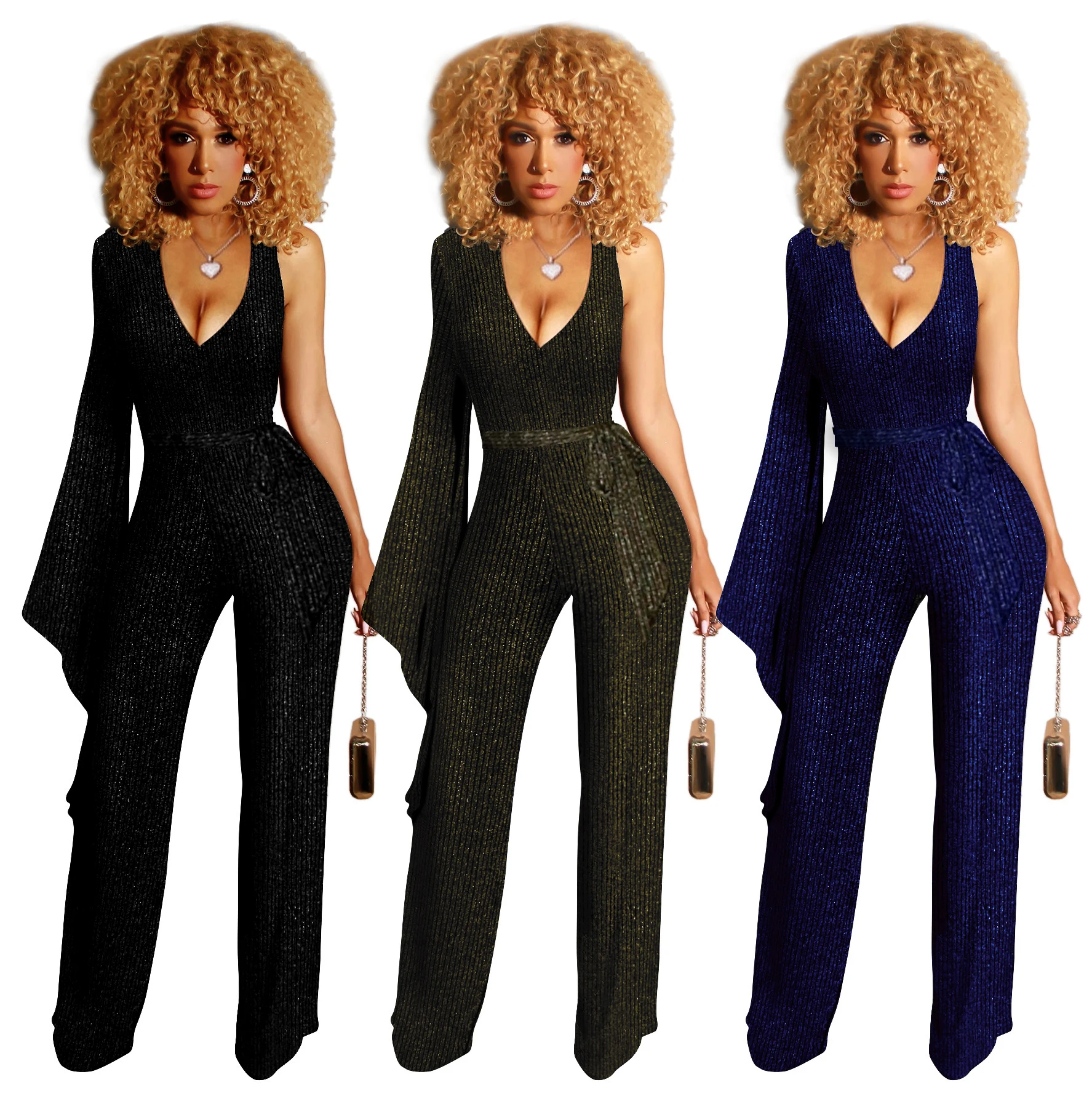

Spring Ladies Fashion Stretch V-neck Lurex Striped Fabric Ladies' Jumpsuit Ladies Party Wear