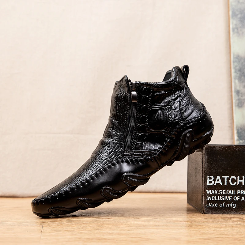

Hot Mens Dress Shoes Winter Zip Men Leather Shoes Fashion Plush Velvet Men Leather Crocodile Shoes Zapatillas Hombre Casual
