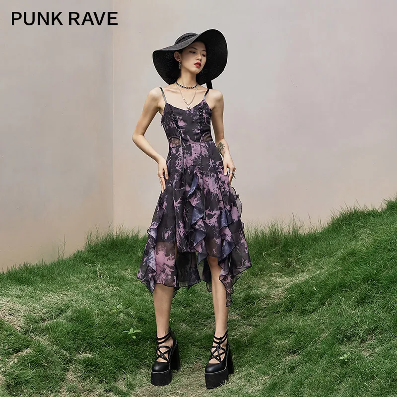 

PUNK RAVE Girl's Gentle Sweet Style Floral Sling Asymmetrical Suspender Dress French V-neck Sexy Thin Women Long Dress Summer